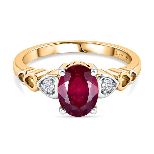 D'Joy - Herzlinie Afrikanischer Rubin (Fissure gefüllt), Weißer Zirkon Ring 925 Silber Rhodiniert und 750 Gelbgold Vermeil (Größe 19.00) ca. 1.99 ct