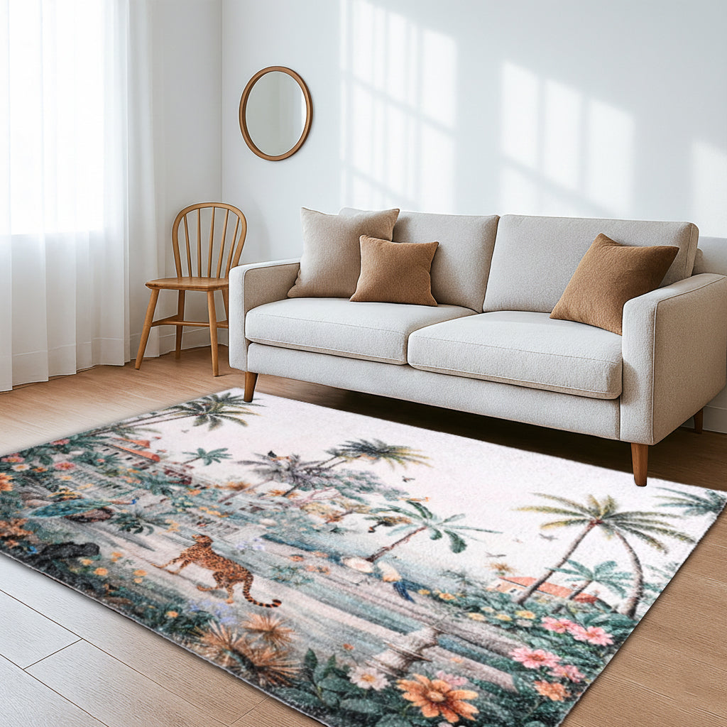 Digital Flower printed rubbed cotton polyester rug with anti skid backing Size-120x180 cms Color- Multi