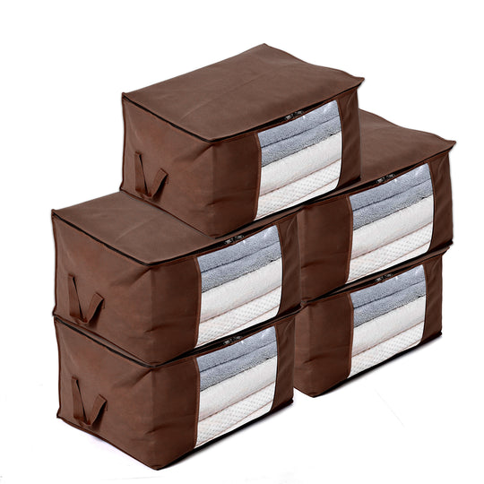 LIVMORE 5er-Set Aufbewahrungs-Organizer aus Vliesstoff mit Sichtfenster, je 84L gesamt 420L, 35x 60x40cm, Beige