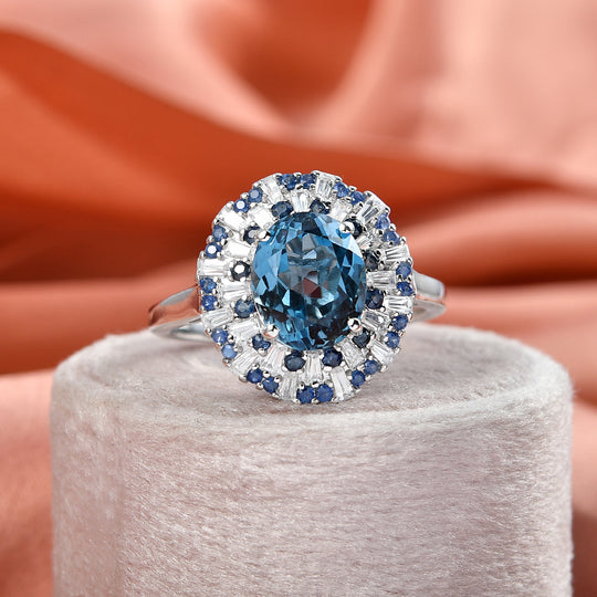 D'Joy London Blau Topas, Weißer Zirkon Ring 925 Silber rhodiniert (Größe 17.00) ca. 6,53 ct