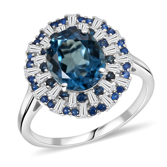 D'Joy London Blau Topas, Weißer Zirkon Ring 925 Silber rhodiniert (Größe 17.00) ca. 6,53 ct