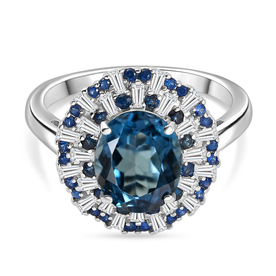 D'Joy London Blau Topas, Weißer Zirkon Ring 925 Silber rhodiniert (Größe 17.00) ca. 6,53 ct