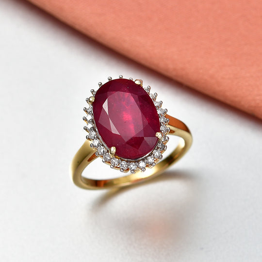 LUXURIANT - AA Niassa Rubin, Lab Grown Diamant Ring 925 Silber 750 Gelbgold Vermeil (Größe 20.00) ca. 8.95 ct
