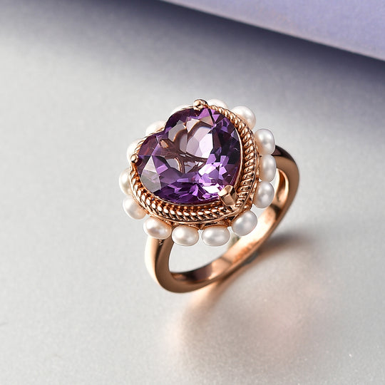D'Joy AAA Rose De France Amethyst, Süßwasser Perle (3mm) Ring 925 Silber 750 Roségold Vermeil (Größe 17.00)