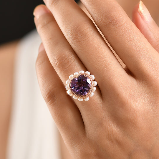 D'Joy AAA Rose De France Amethyst, Süßwasser Perle (3mm) Ring 925 Silber 750 Roségold Vermeil (Größe 17.00)