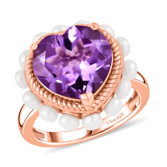 D'Joy AAA Rose De France Amethyst, Süßwasser Perle (3mm) Ring 925 Silber 750 Roségold Vermeil (Größe 17.00)