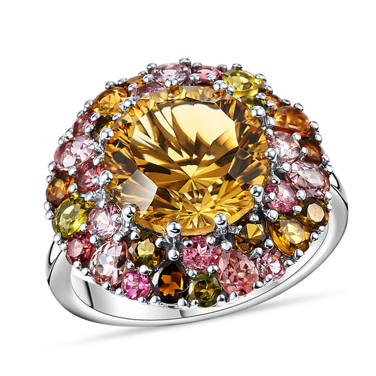 D'Joy AA Citrin, Mehrfarbiger-Turmalin Ring 925 Silber rhodiniert (Größe 19.00) ca. 10.59 ct