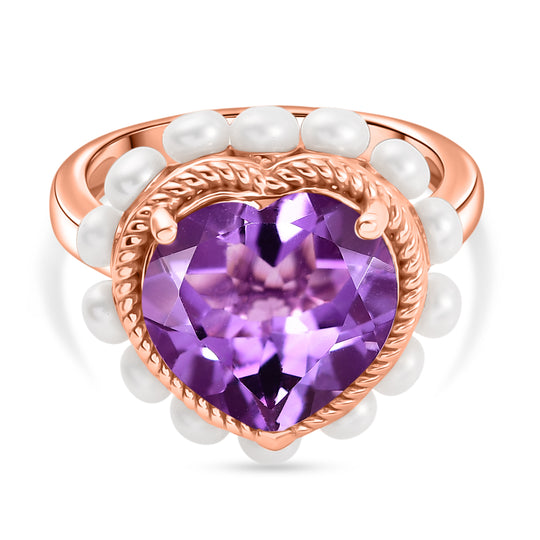 D'Joy AAA Rose De France Amethyst, Süßwasser Perle (3mm) Ring 925 Silber 750 Roségold Vermeil (Größe 17.00)