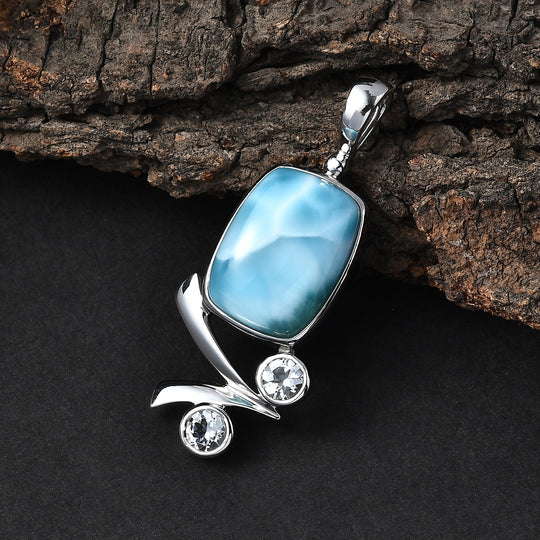 Sajen Silber-Larimar, Weißer Topas Anhänger 925 Silber rhodiniert ca. 11.10 ct
