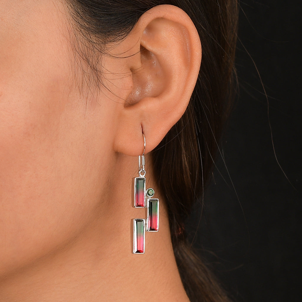 Sajen Silber - Wassermelonen Quarz Triplette, Quarz Triplette Ohrringe 925 Silber rhodiniert ca. 12.32 ct
