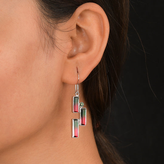 Sajen Silber - Wassermelonen Quarz Triplette, Quarz Triplette Ohrringe 925 Silber rhodiniert ca. 12.32 ct