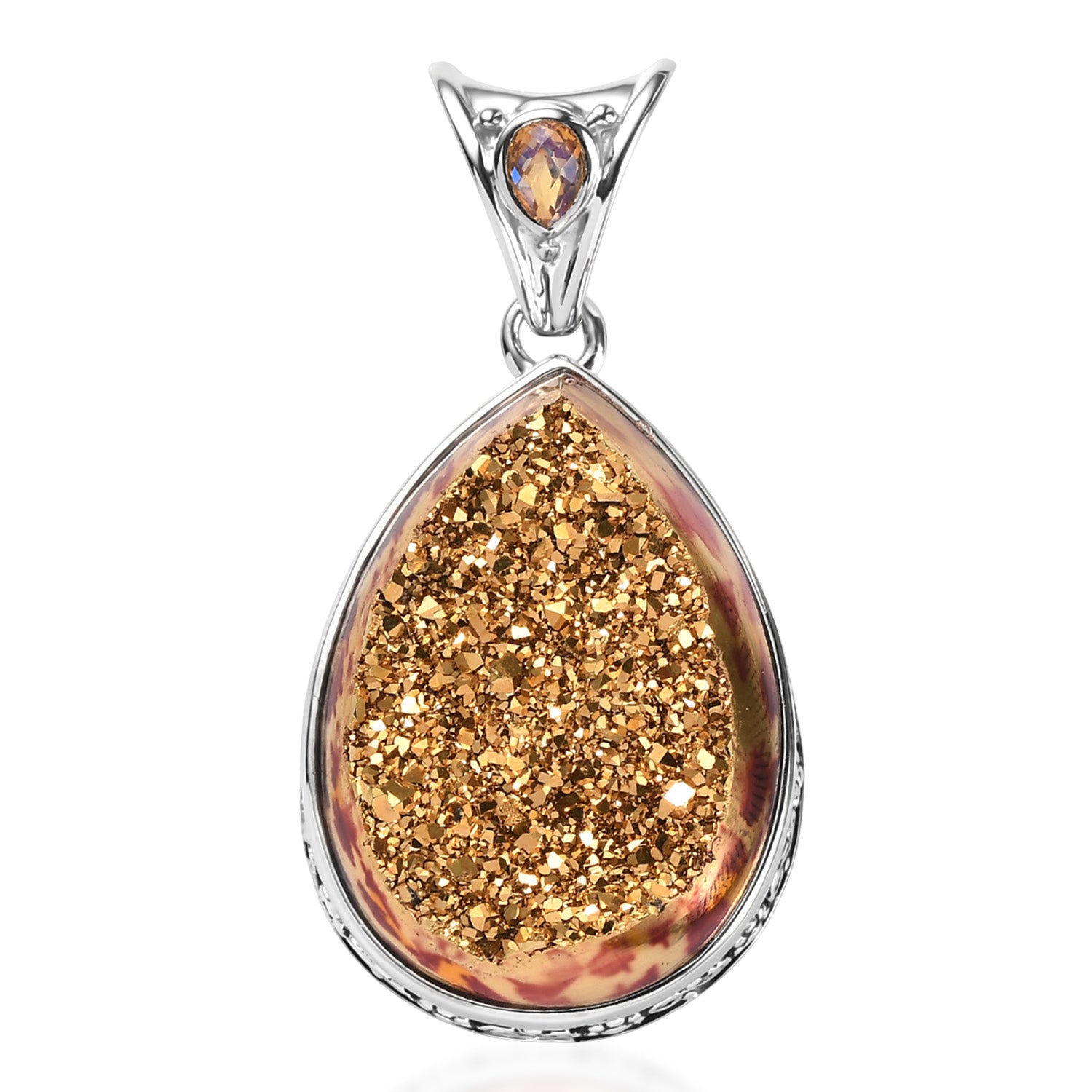Sajen Silber-Fenster Drusy Astral Leopard Gold, Regenbogen Champagner mystischer Quartz Anhänger 925 Silber rhodiniert ca. 45.70 ct