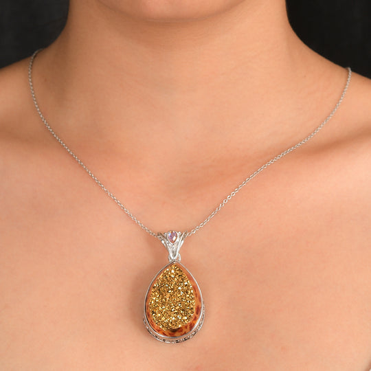 Sajen Silber-Fenster Drusy Astral Leopard Gold, Regenbogen Champagner mystischer Quartz Anhänger 925 Silber rhodiniert ca. 45.70 ct