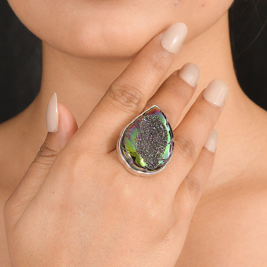 Sajen Silber-Fenster Drusy Wald Ring 925 Silber rhodiniert (Größe 17.00) ca. 44.00 ct
