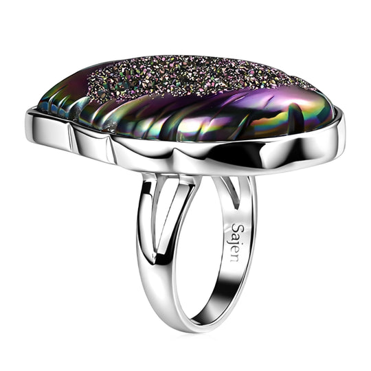 Sajen Silber-Fenster Drusy Wald Ring 925 Silber rhodiniert (Größe 17.00) ca. 44.00 ct