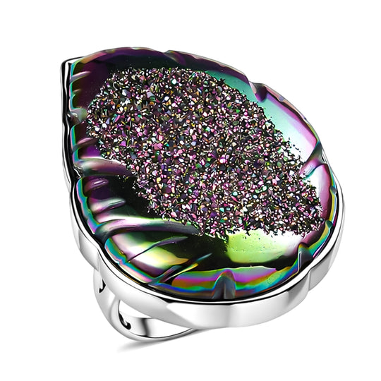 Sajen Silber-Fenster Drusy Wald Ring 925 Silber rhodiniert (Größe 17.00) ca. 44.00 ct