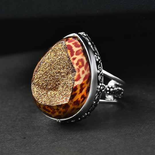 Sajen Silber-Fenster Drusy Astral Leopard Gold Ring 925 Silber rhodiniert (Größe 17.00) ca. 21.45 ct