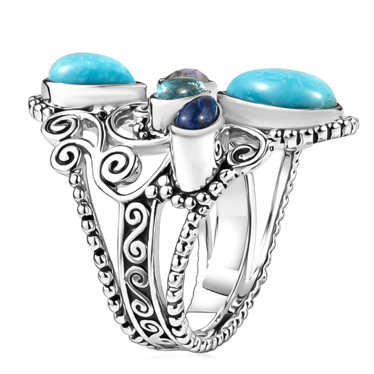 Sajen Silber-Türkis, Weißer Regenbogen Mondstein Ring 925 Silber rhodiniert (Größe 18.00) ca. 3.32 ct