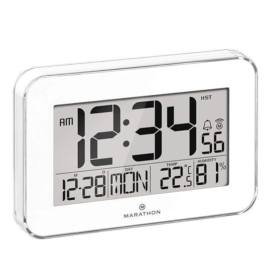 CLOSE OUT DEAL MARATHON Designer Atom-Wanduhr mit Temperatur, Luftfeuchtigkeitsanzeige, Kalender, Alarm und Schlummerfunktion, Schwarz