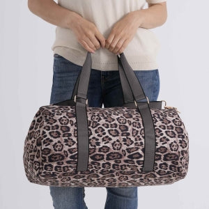 Weekender-Reisetasche mit Leo-Muster, Polyester, Tragegriffe und Reißverschlussfach, Dunkelbraun
