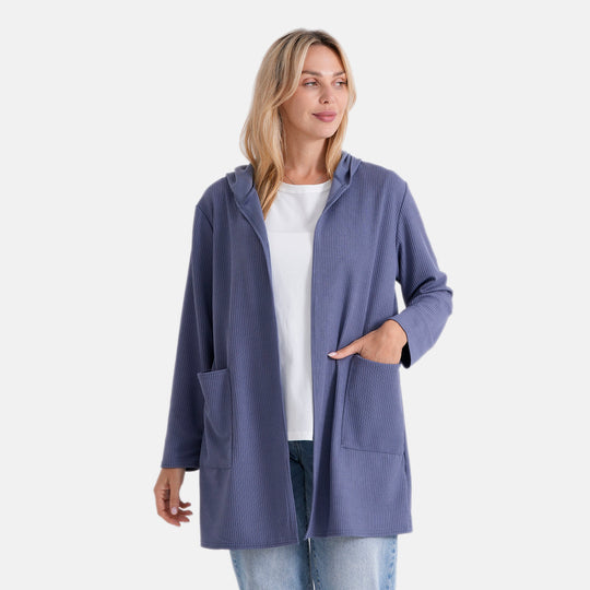 LA MAREY Bolero mit Kapuze und Taschen, 59 cm Brustweite, 82 cm Länge, bis zu Große XL - Einheitsgröße, Blau