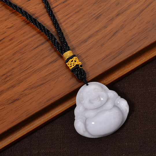 Natürlicher burmesischer Jadeit Typ A Hängedekoration mit lachendem Buddha, 45mm - 177,50 ct.