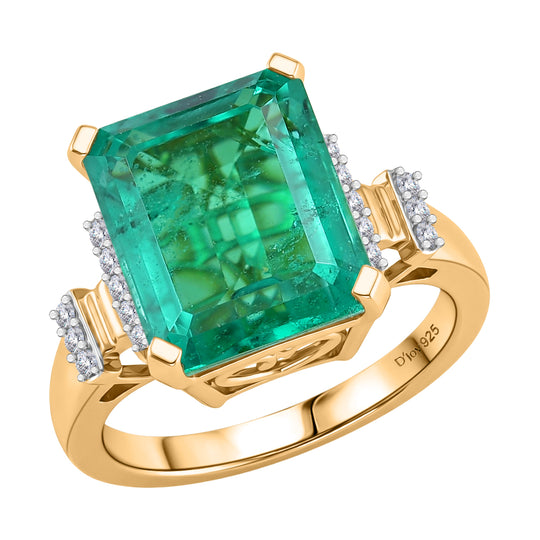 D'Joy - Königliche Kontur Smaragd-Quarz Triplette, Weißer Zirkon Ring 925 Silber 750 Gelbgold Vermeil (Größe 17.00) ca. 7.18 ct