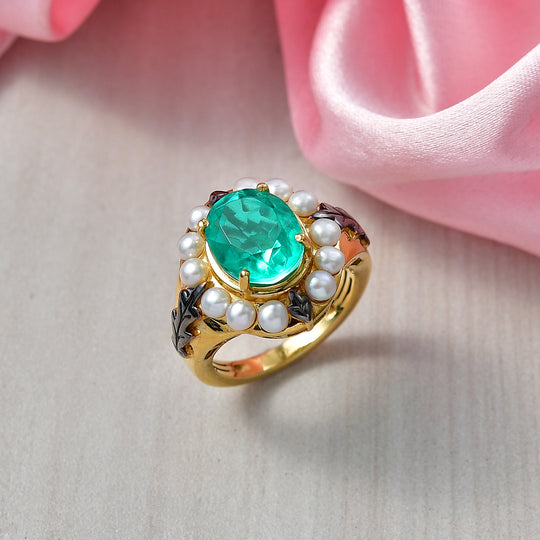D'Joy - Perlenkrone Smaragd-Quarz Triplette, Süßwasser Perle (3mm) Ring 925 Silber 750 Gelbgold Vermeil (Größe 18.00)