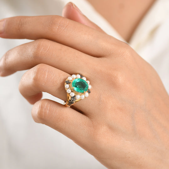 D'Joy - Perlenkrone Smaragd-Quarz Triplette, Süßwasser Perle (3mm) Ring 925 Silber 750 Gelbgold Vermeil (Größe 18.00)