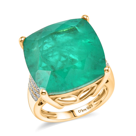 D'Joy - Hoch gefasster Cocktail Smaragd-Quarz Triplette, Weißer Zirkon Ring 925 Silber 750 Gelbgold Vermeil (Größe 18.00) ca. 24.64 ct