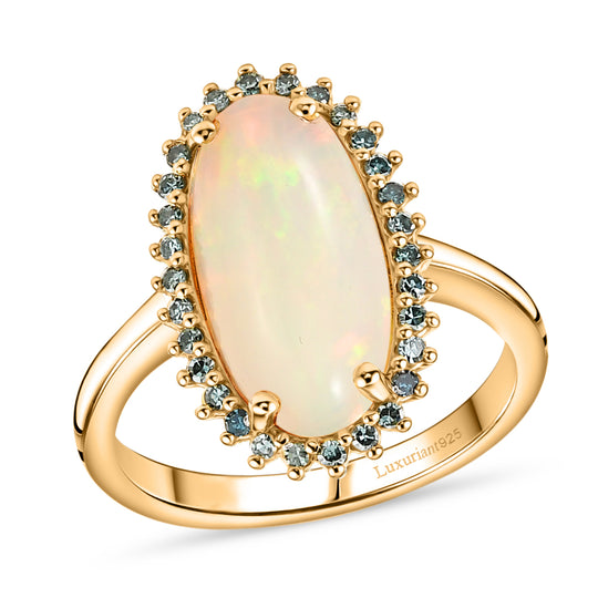 LUXURIANT - AAA Natürlicher, äthiopischer Welo Opal, Lab Grown Grüner Diamant Ring 925 Silber 750 Gelbgold vermeil (Größe 20.00) ca. 3.77 ct