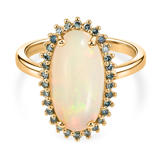 LUXURIANT - AAA Natürlicher, äthiopischer Welo Opal, Lab Grown Grüner Diamant Ring 925 Silber 750 Gelbgold vermeil (Größe 20.00) ca. 3.77 ct