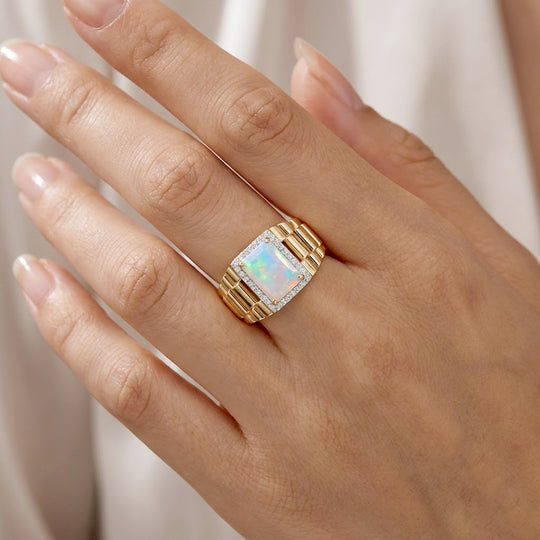 D'Joy Natürlicher, äthiopischer Welo Opal, Weißer Zirkon Ring 925 Silber 750 Gelbgold Vermeil (Größe 20.00) ca. 1,66 ct