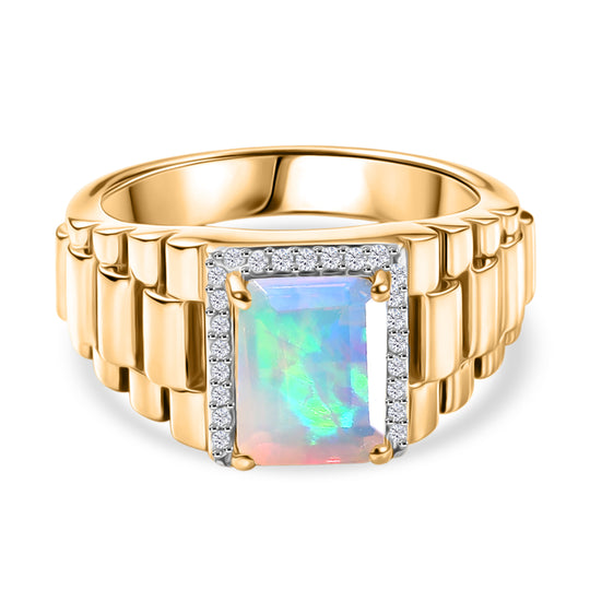 D'Joy Natürlicher, äthiopischer Welo Opal, Weißer Zirkon Ring 925 Silber 750 Gelbgold Vermeil (Größe 20.00) ca. 1,66 ct