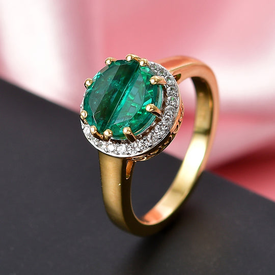 D'Joy - Strahlendes Spotlight Smaragd-Quarz Triplette, Weißer Zirkon Ring 925 Silber 750 Gelbgold Vermeil (Größe 20.00) ca. 2.04 ct