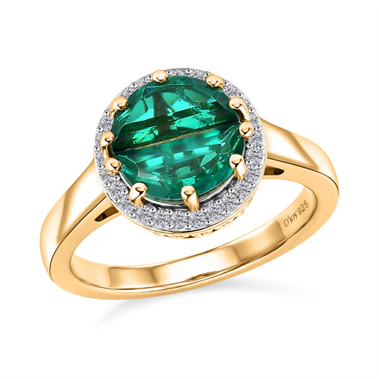 D'Joy - Strahlendes Spotlight Smaragd-Quarz Triplette, Weißer Zirkon Ring 925 Silber 750 Gelbgold Vermeil (Größe 20.00) ca. 2.04 ct