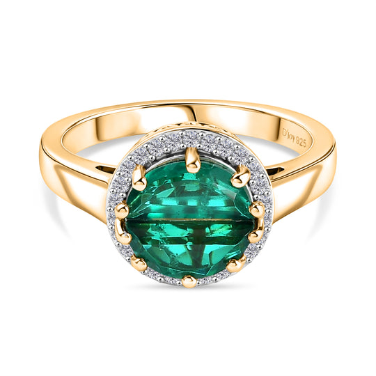 D'Joy - Strahlendes Spotlight Smaragd-Quarz Triplette, Weißer Zirkon Ring 925 Silber 750 Gelbgold Vermeil (Größe 20.00) ca. 2.04 ct