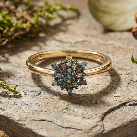 D'Joy Blauer Diamant, Roter Diamant Ring 925 Silber 750 Gelbgold vermeil (Größe 17.30) ca. 0.16 ct