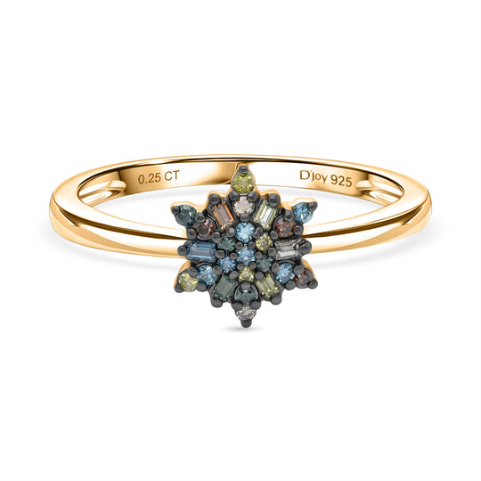 D'Joy Blauer Diamant, Roter Diamant Ring 925 Silber 750 Gelbgold vermeil (Größe 17.30) ca. 0.16 ct