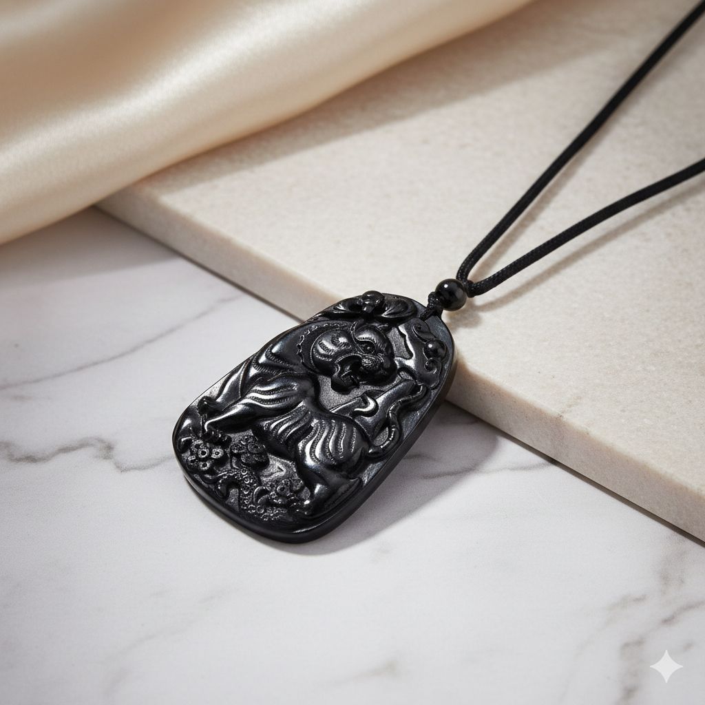 Majestätischer Wächter - Schwarzer Jadeit- Tiger, Halskette Flexibles cm ca. 110.00 ct
