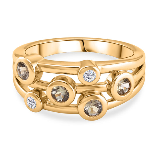 D'Joy AA Natürlicher goldener Tansanit, Weißer Zirkon Ring 925 Silber 750 Vergoldet (Größe 19.00) ca. 0.54 ct