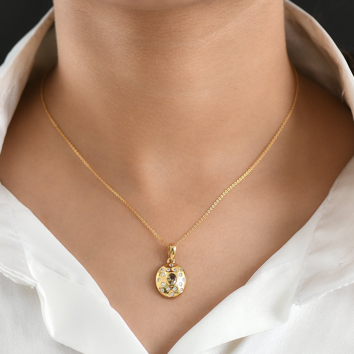 D'Joy AA Natürlicher goldener Tansanit, Weißer Zirkon Anhänger 925 Silber 750 Gelb Vergoldet ca. 0.66 ct