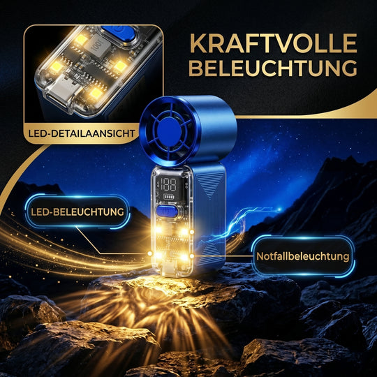 LIVMORE Hochgeschwindigkeits-Taschenventilator, LED-Licht, 3000mAh Akku, 6 Geschwindigkeitsstufen, Lila