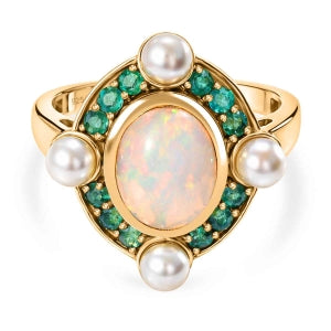 D'Joy Natürlicher, äthiopischer Welo Opal, Perle (4 mm) Ring 925 Silber 750 Gelbgold Vermeil (Größe 17.00)