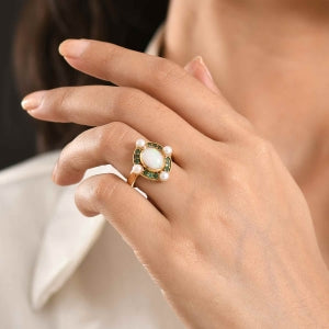 D'Joy Natürlicher, äthiopischer Welo Opal, Perle (4 mm) Ring 925 Silber 750 Gelbgold Vermeil (Größe 17.00)