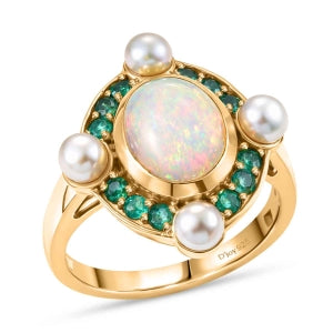 D'Joy Natürlicher, äthiopischer Welo Opal, Perle (4 mm) Ring 925 Silber 750 Gelbgold Vermeil (Größe 17.00)
