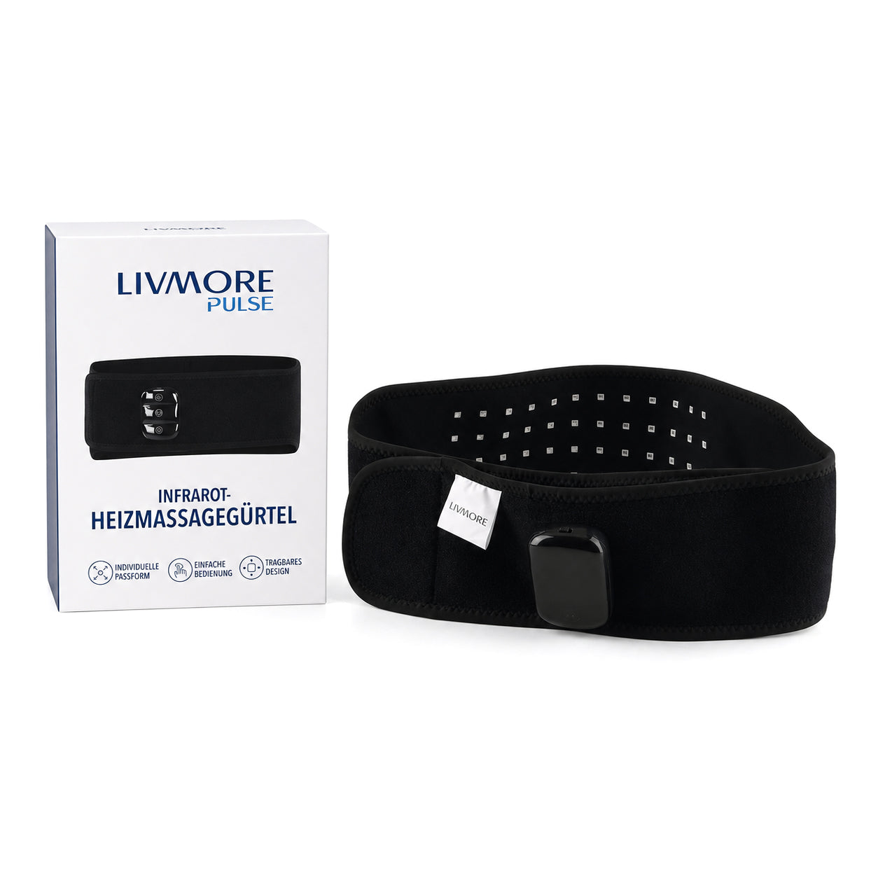 LIVMORE Infrarot-Heiz- und Vibrationsmassagegürtel, 118x14,5cm, wiederaufladbarer Akku mit 2500 mAh, Schwarz