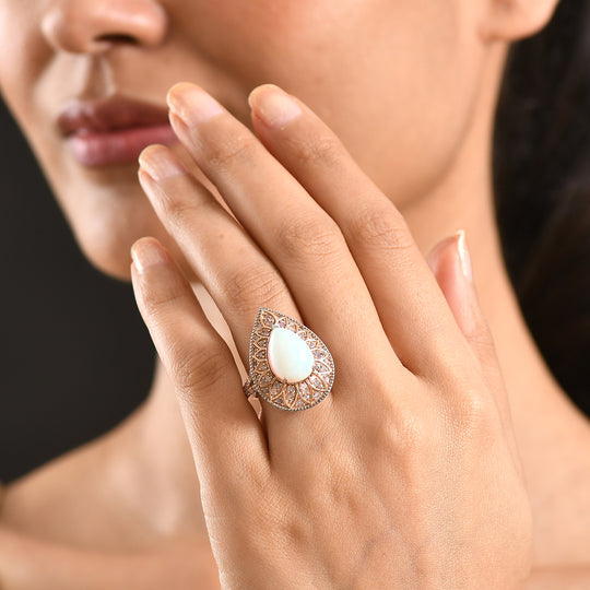 D'Joy AAA Natürlicher, äthiopischer Welo Opal, Rosa Diamant Ring 925 Silber Rhodiniert (Größe 18.00) ca. 4,39 ct