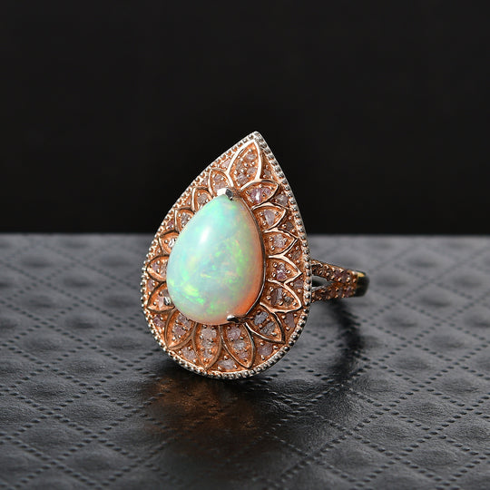 D'Joy AAA Natürlicher, äthiopischer Welo Opal, Rosa Diamant Ring 925 Silber Rhodiniert (Größe 18.00) ca. 4,39 ct