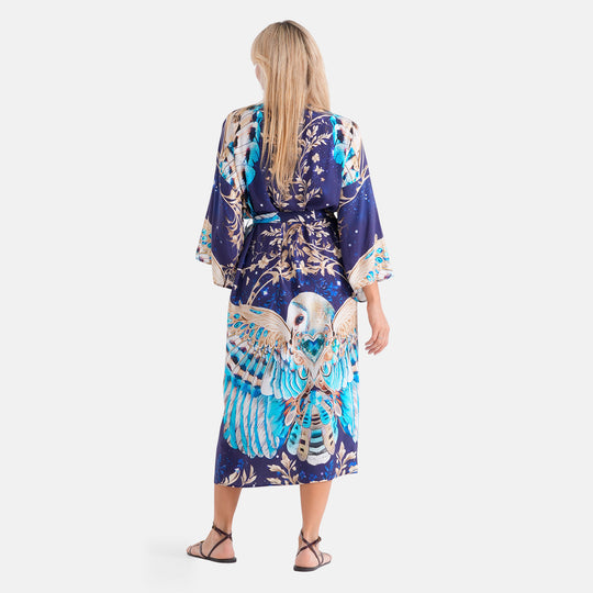 LA MAREY Kimono mit Pfauen- und Blumenmuster, 100% Viskose, Einheitsgröße, 128cm lang, bis Größe XL (44)